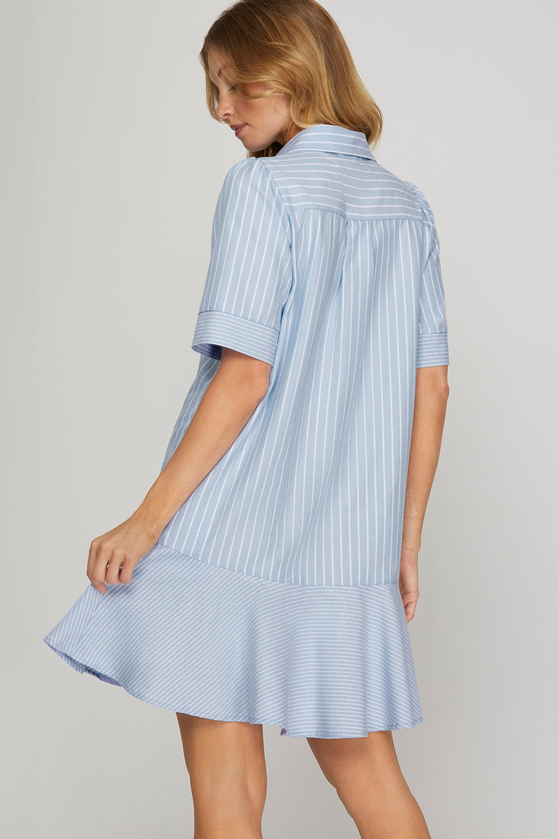 Striped Dress (Light Blue) with (Long) Short-Sleeves & Pockets