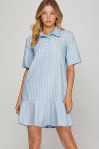 Striped Dress (Light Blue) with (Long) Short-Sleeves & Pockets