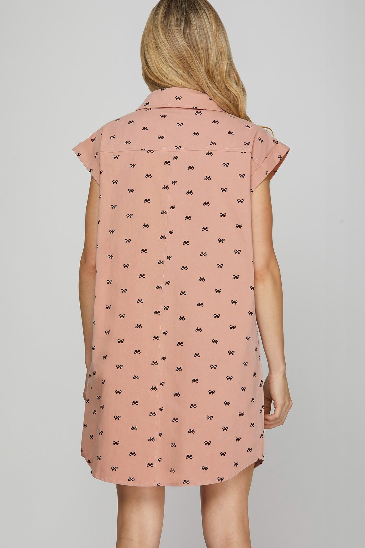 Bow Print (Pink) Button Down Cotton Shirt Dress with Pockets
