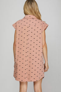 Bow Print (Pink) Button Down Cotton Shirt Dress with Pockets