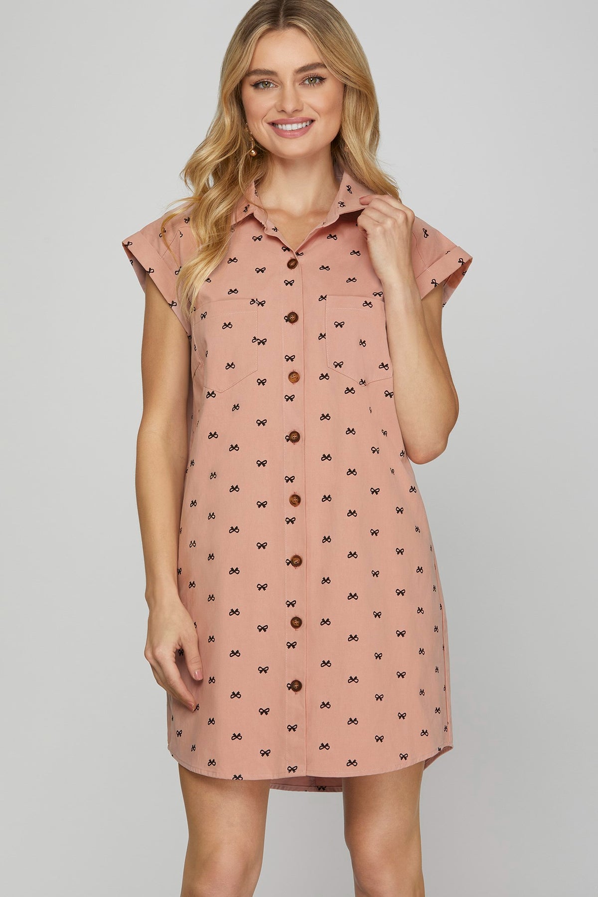Bow Print (Pink) Button Down Cotton Shirt Dress with Pockets