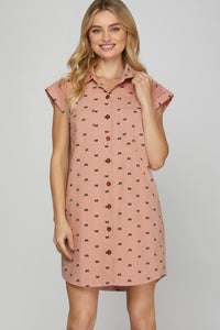 Bow Print (Pink) Button Down Cotton Shirt Dress with Pockets
