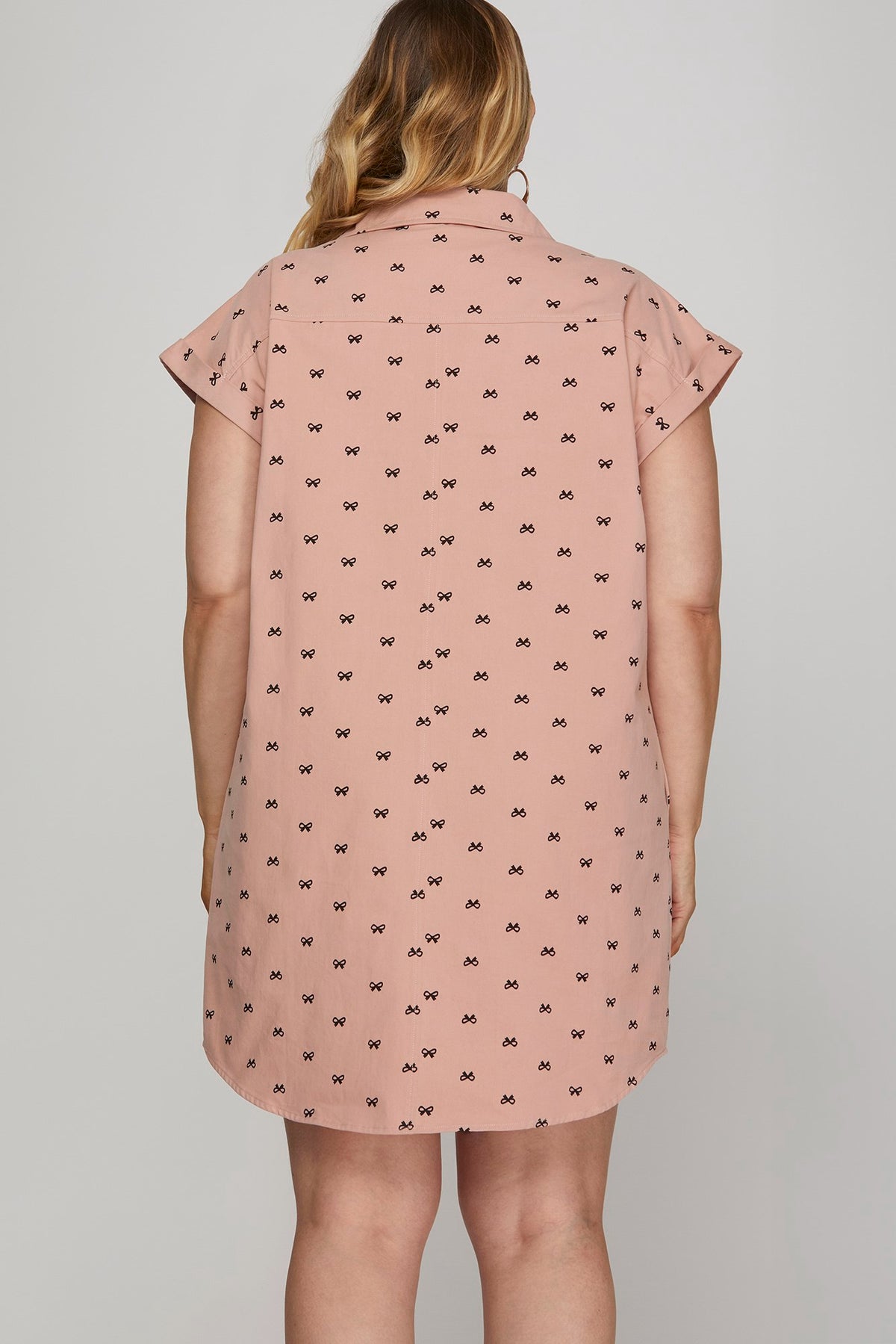 Bow Print (Pink) Button Down Cotton Shirt Dress with Pockets
