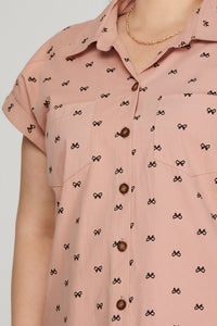 Bow Print (Pink) Button Down Cotton Shirt Dress with Pockets