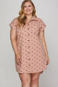 Bow Print (Pink) Button Down Cotton Shirt Dress with Pockets