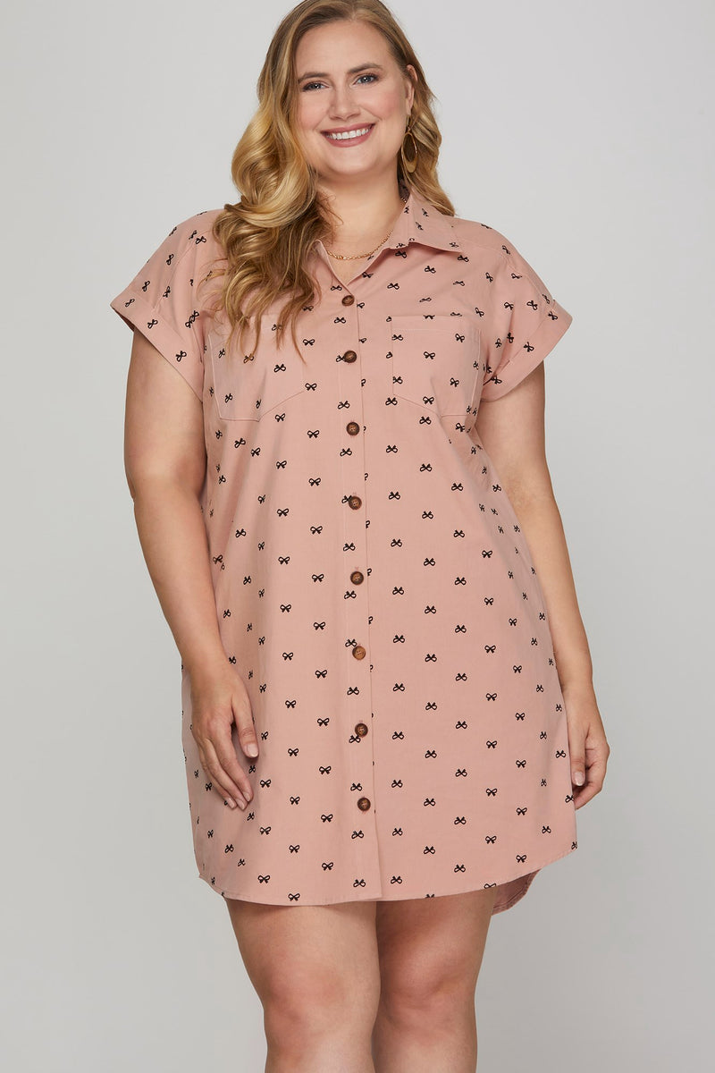 Bow Print (Pink) Button Down Cotton Shirt Dress with Pockets