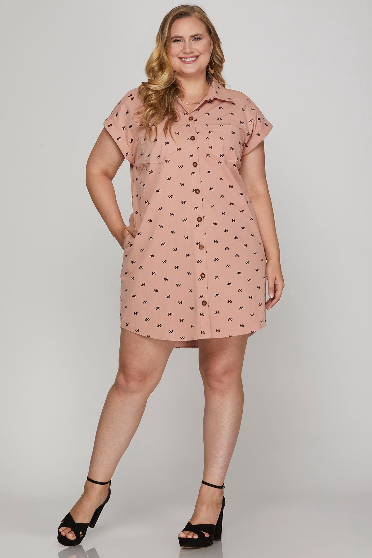 Bow Print (Pink) Button Down Cotton Shirt Dress with Pockets