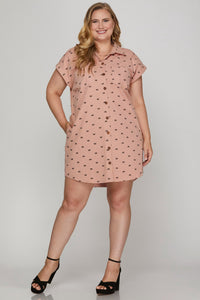 Bow Print (Pink) Button Down Cotton Shirt Dress with Pockets