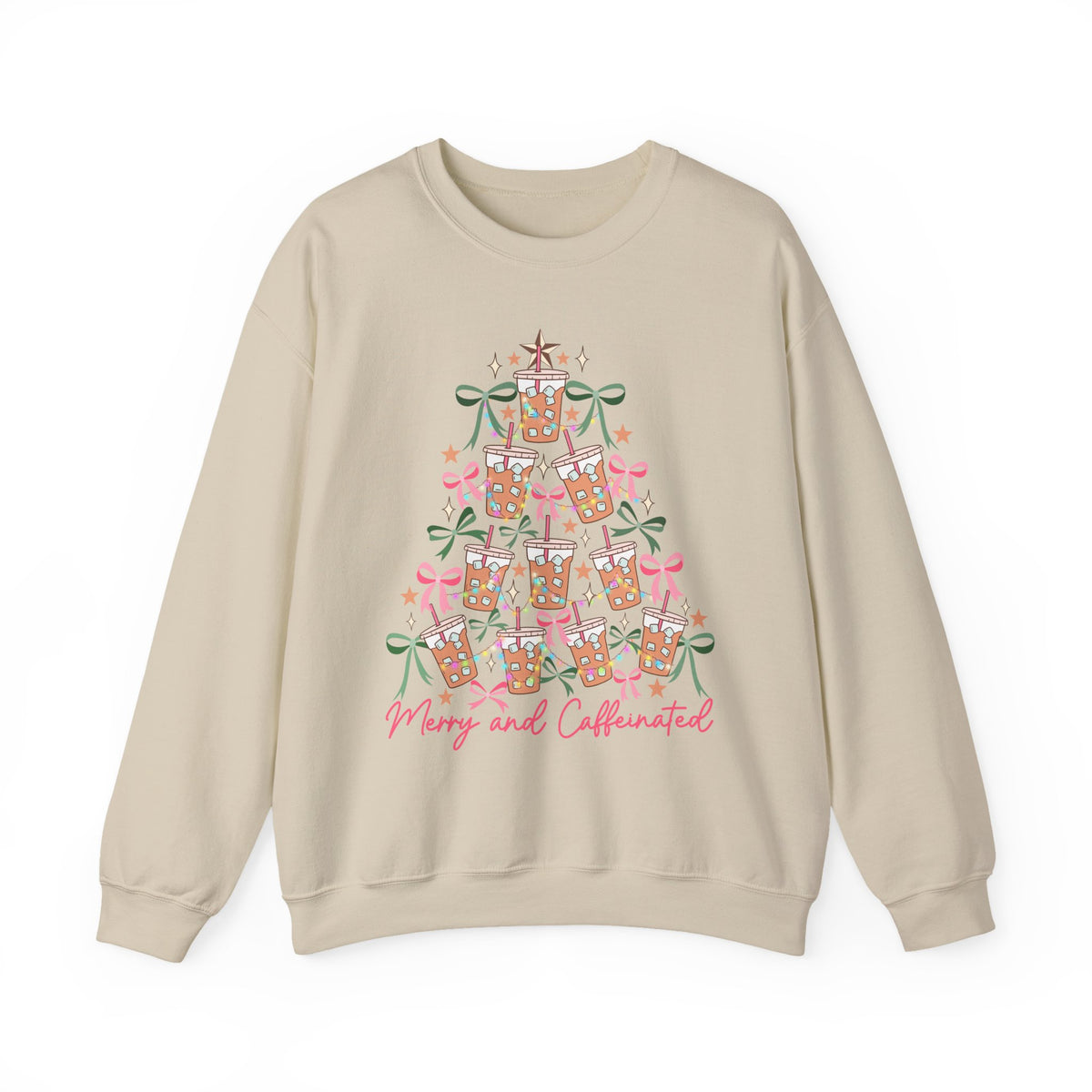Merry and Caffeinated Iced Coffee Christmas Tree – Gildan Heavy Blend | Trendy Women’s Soft Sweatshirt. Direct to Garment. Printed & Shipped in the USA. Unisex Sizes.
