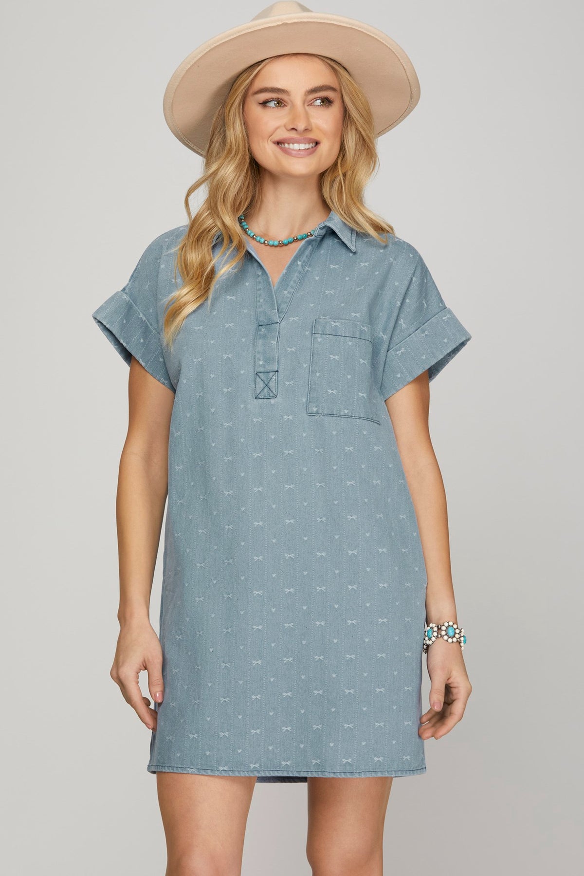 Bow Print (Denim) Button Down Heavy Woven Shirt Dress with Pockets