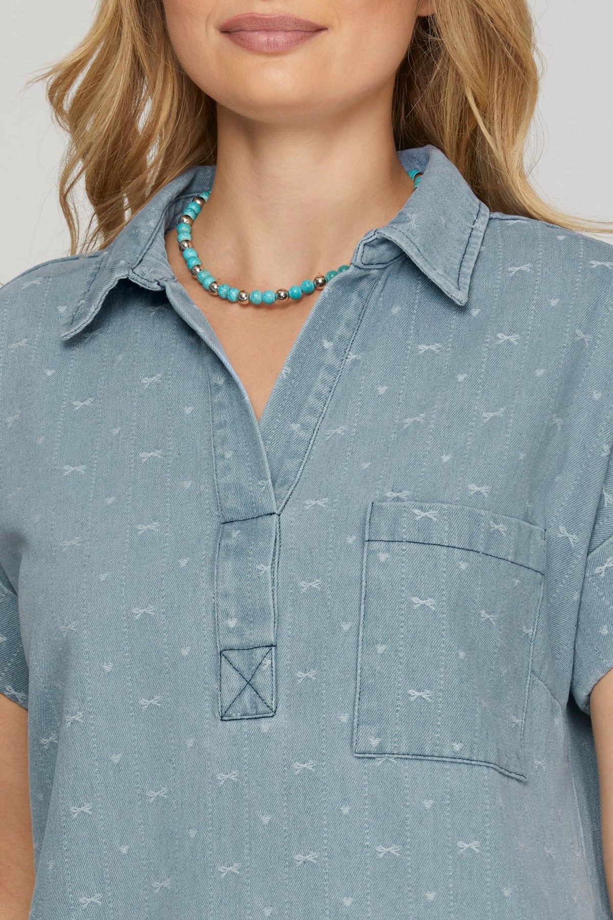 Bow Print (Denim) Button Down Heavy Woven Shirt Dress with Pockets