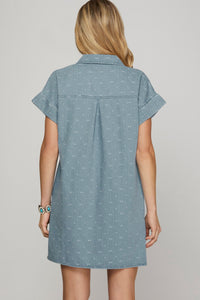 Bow Print (Denim) Button Down Heavy Woven Shirt Dress with Pockets