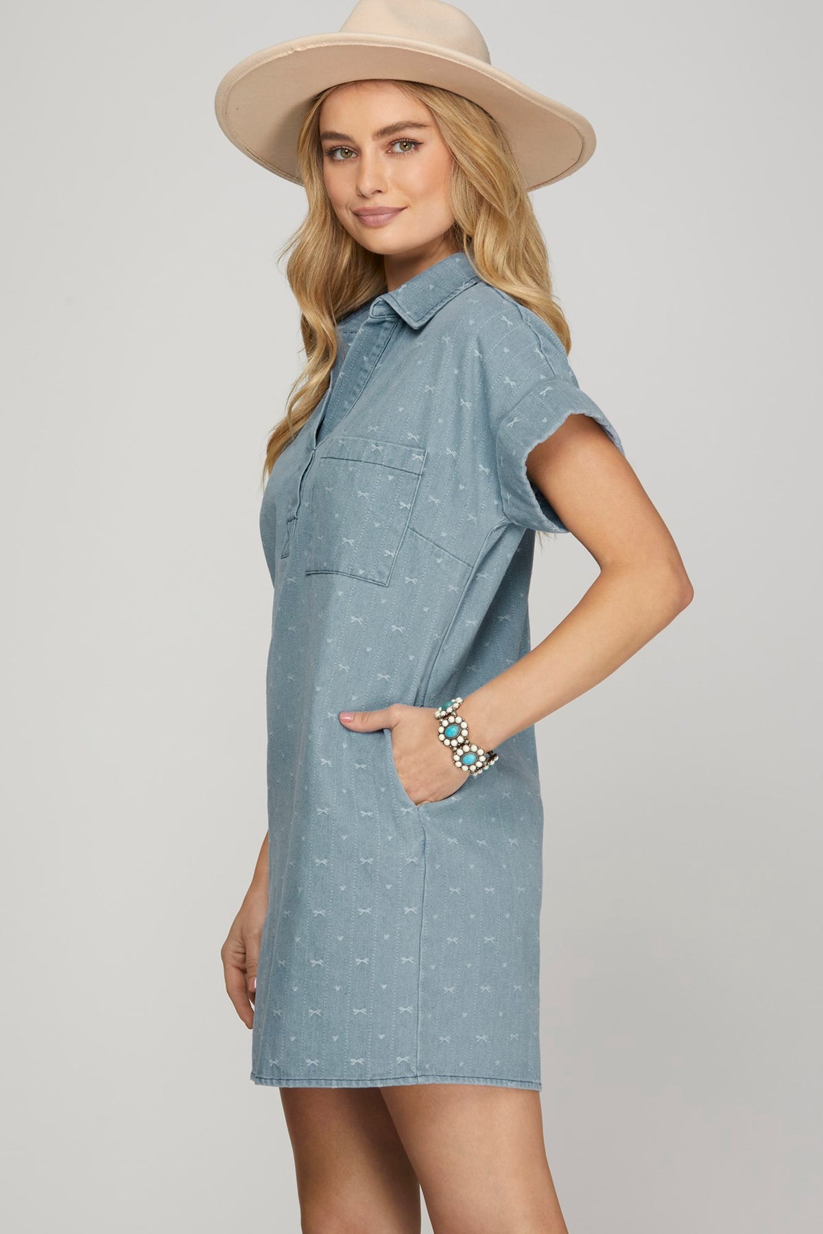 Bow Print (Denim) Button Down Heavy Woven Shirt Dress with Pockets