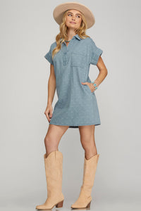 Bow Print (Denim) Button Down Heavy Woven Shirt Dress with Pockets