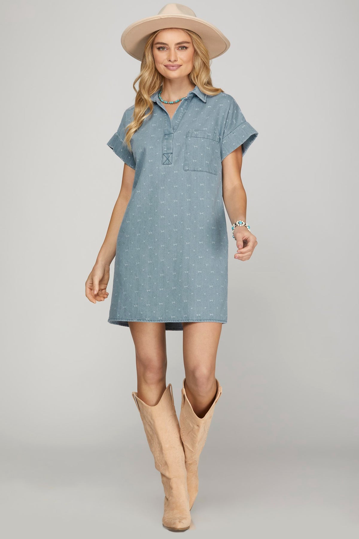 Bow Print (Denim) Button Down Heavy Woven Shirt Dress with Pockets