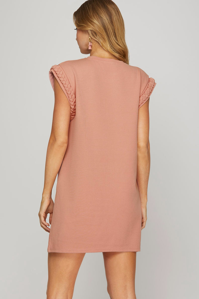 Clara (Pink) Braided Trim Cap-Sleeve Dress with Pockets
