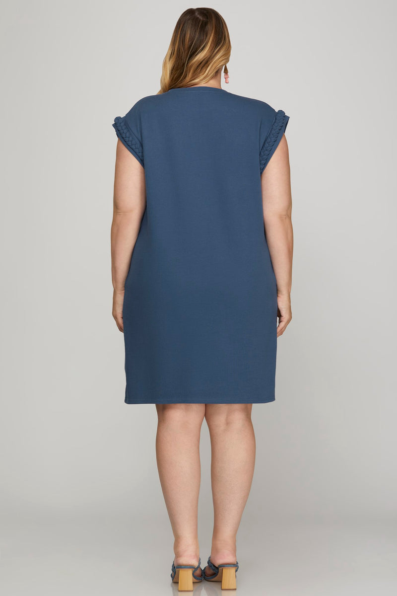 Clara (Navy Blue) Braided Trim Cap-Sleeve Dress with Pockets
