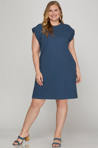 Clara (Navy Blue) Braided Trim Cap-Sleeve Dress with Pockets