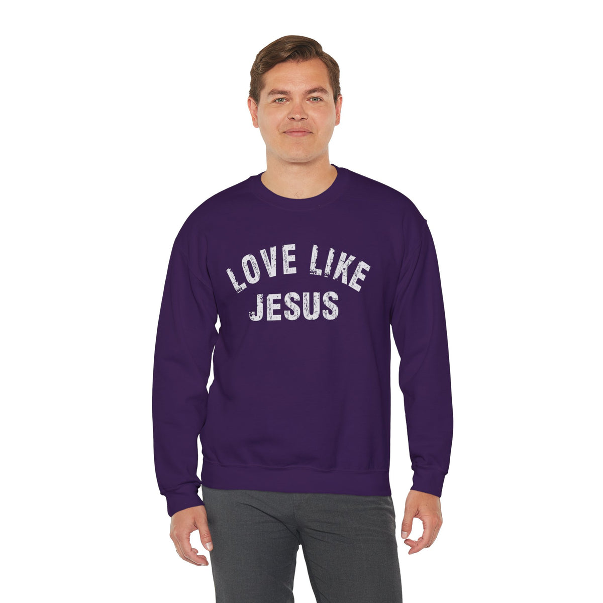 Love Like Jesus - Distressed – Gildan Heavy Blend | Trendy Men's and Women’s Soft Sweatshirt. Direct to Garment. Printed & Shipped in the USA. Unisex Sizes.