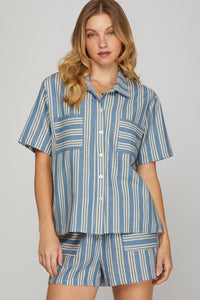 Blue & Cream Striped Drawstring Shorts with Pockets