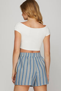 Blue & Cream Striped Drawstring Shorts with Pockets