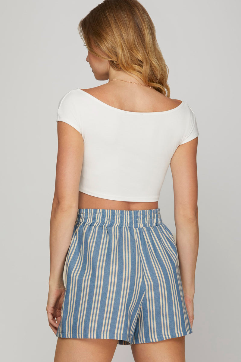 Blue & Cream Striped Drawstring Shorts with Pockets