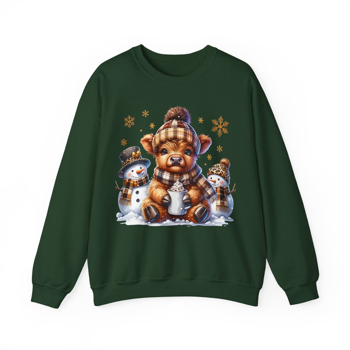 Cute Highland Cow with Snowmen, Winter – Gildan Heavy Blend | Trendy Women’s Soft Sweatshirt. Direct to Garment. Printed & Shipped in the USA. Unisex Sizes.