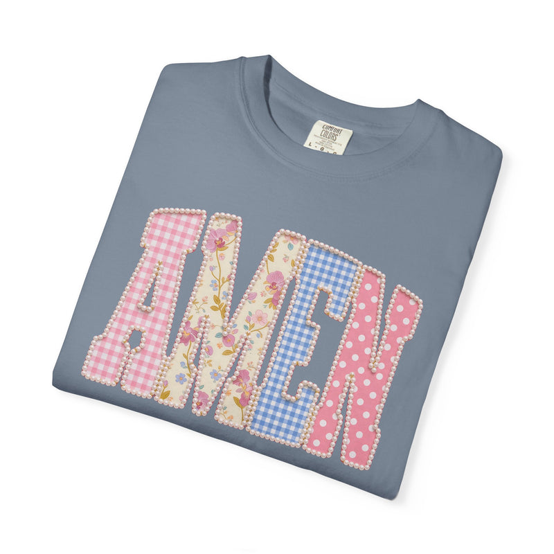 Pastel faux Patchwork AMEN with faux Pearls - Comfort Colors | Trendy Women's T-Shirt. Direct to Garment. Printed & Shipped in the USA. Unisex Sizes.