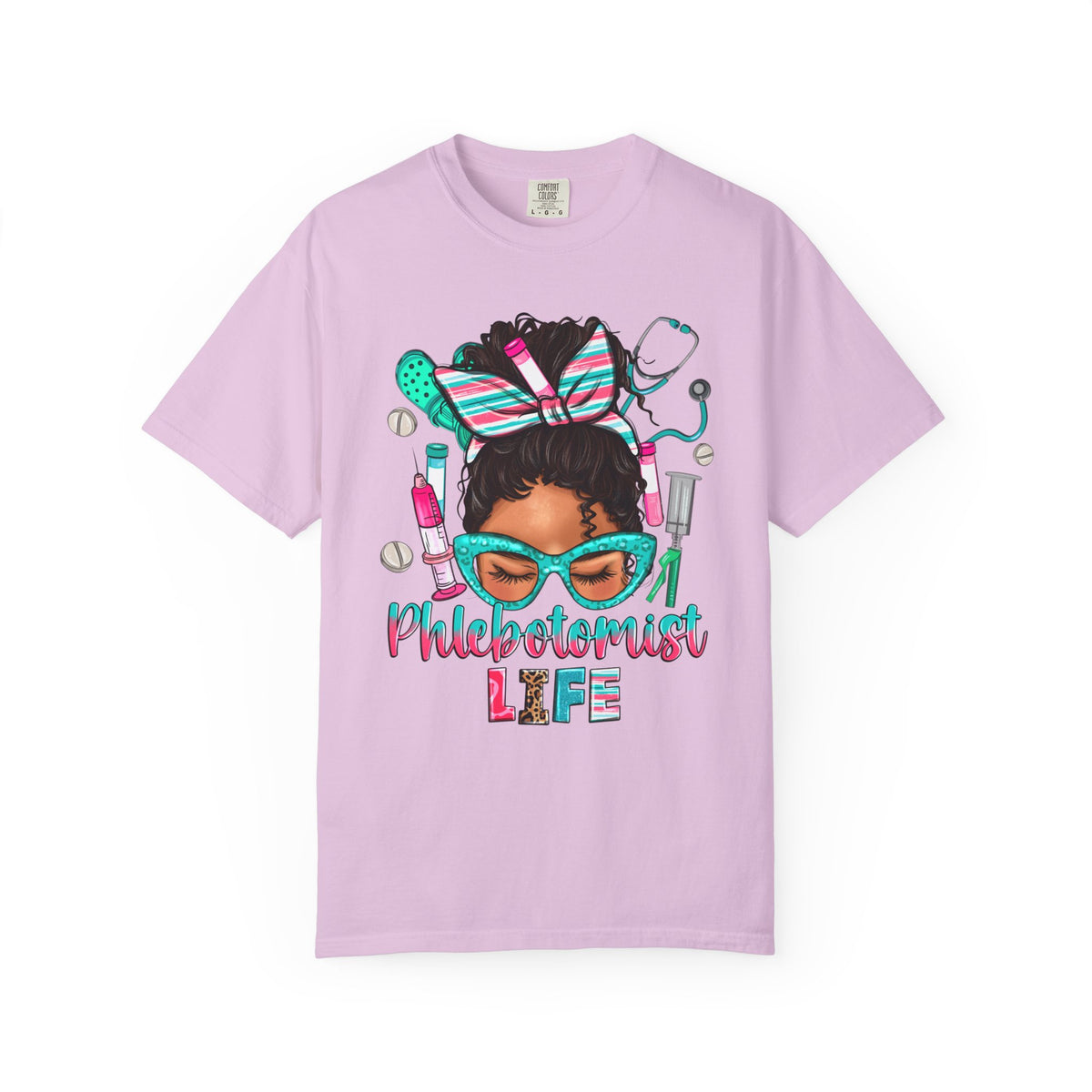 Phlebotomist Life, Messy Bun - Comfort Colors | Trendy Women's T-Shirt. Direct to Garment. Printed & Shipped in the USA. Unisex Sizes.