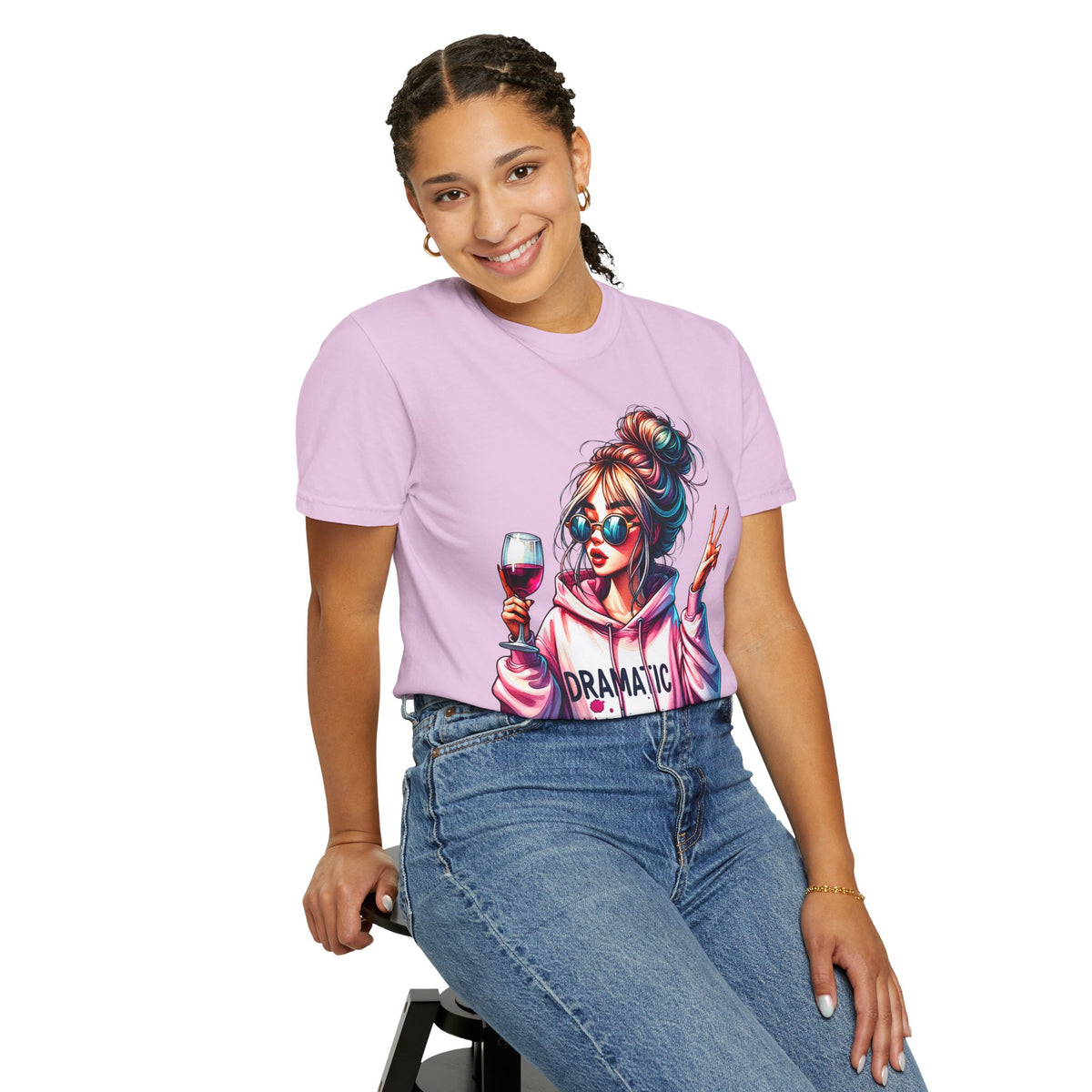 Dramatic Girl With Wine Messy Bun Peace Sign  - Comfort Colors | Trendy Women's T-Shirt. Direct to Garment. Printed & Shipped in the USA. Unisex Sizes.