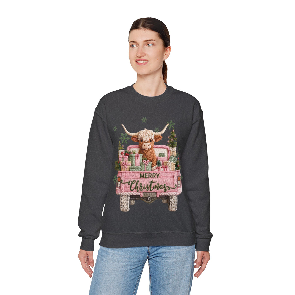 Highland Cow in Pink Truck Merry Christmas Holiday Farmhouse – Gildan Heavy Blend | Trendy Women’s Soft Sweatshirt. Direct to Garment. Printed & Shipped in the USA. Unisex Sizes.