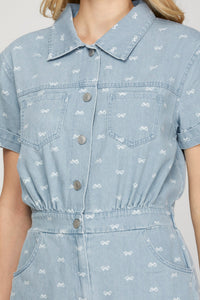 Bow Print Heavy Denim Romper w/Chest & Side Pockets