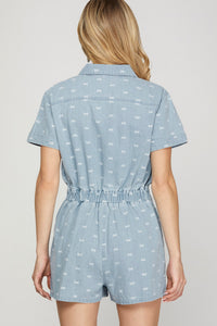 Bow Print Heavy Denim Romper w/Chest & Side Pockets