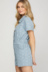 Bow Print Heavy Denim Romper w/Chest & Side Pockets