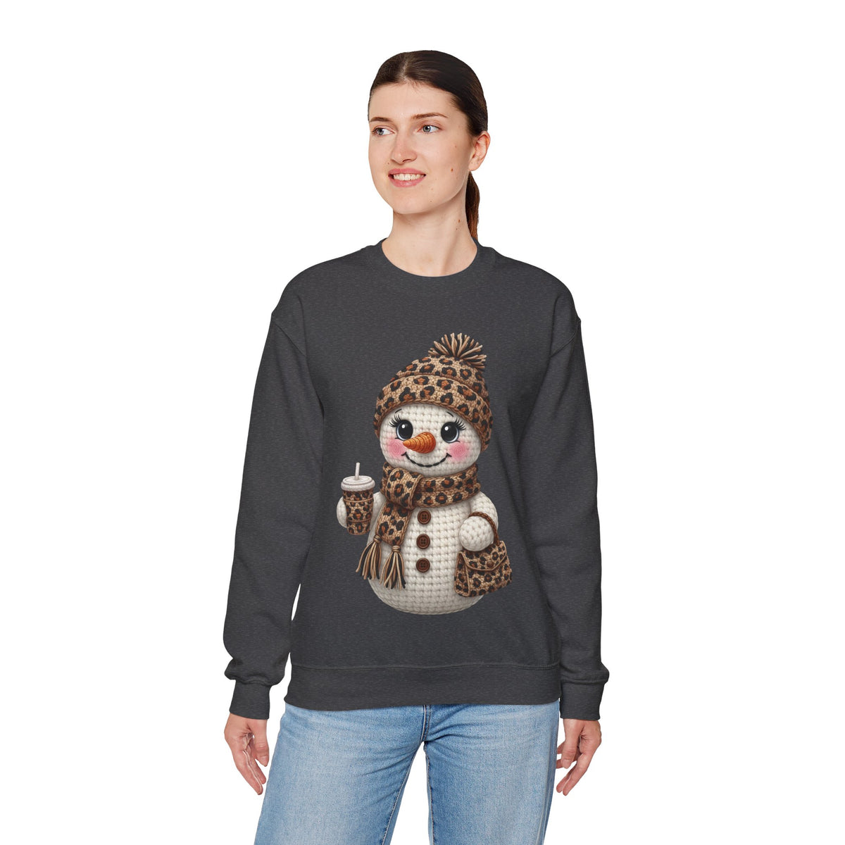 Leopard Snowman - Leopard Purse, Drink, Hat & Scarf – Gildan Heavy Blend | Trendy Women’s Soft Sweatshirt. Direct to Garment. Printed & Shipped in the USA. Unisex Sizes.