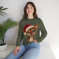 Cute Rudolph Faux Knit Look Reindeer w/Santa Hat – Gildan Heavy Blend | Trendy Women’s Soft Sweatshirt. Direct to Garment. Printed & Shipped in the USA. Unisex Sizes.