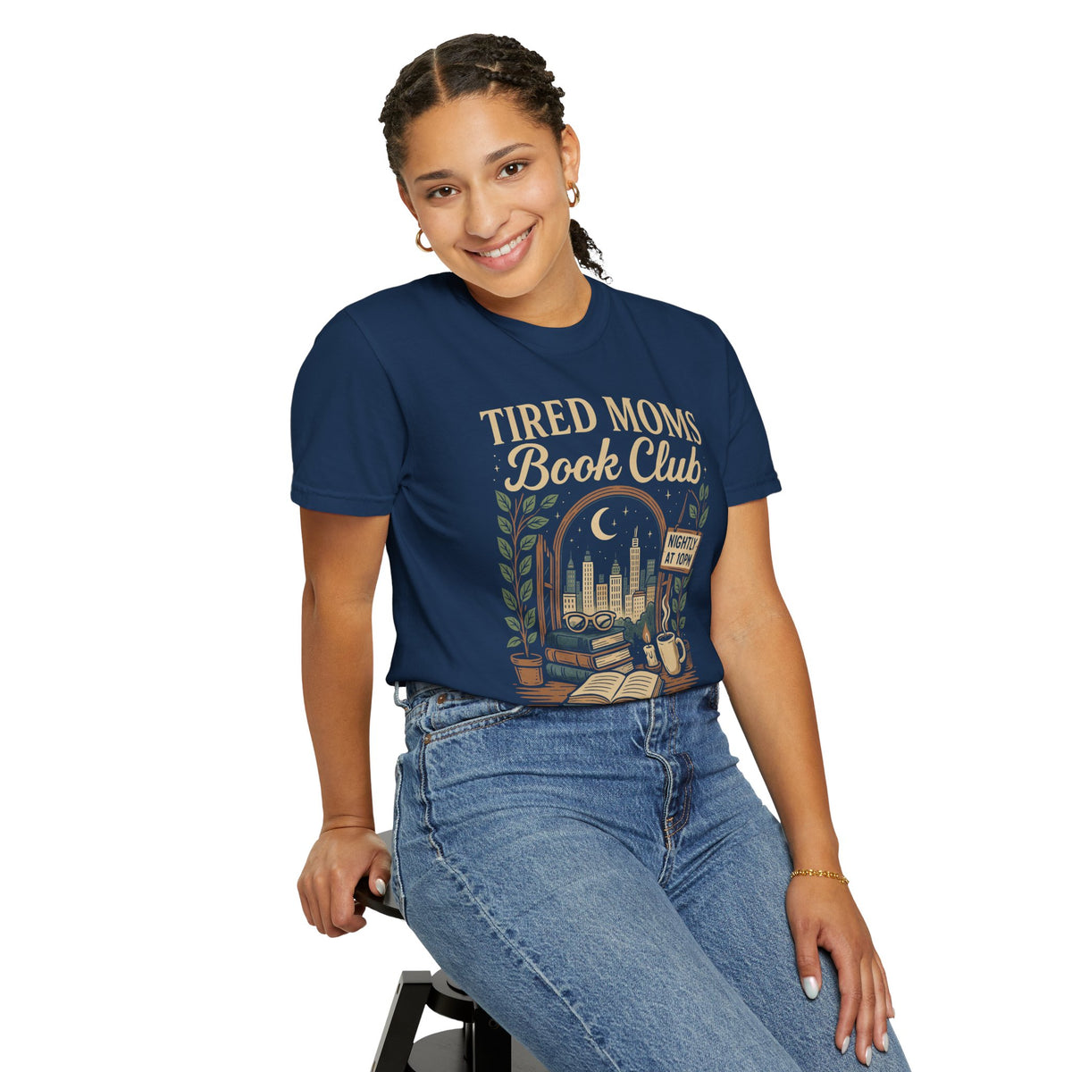 Tired Moms Book Club Running on Coffee and Chapters - Comfort Colors | Trendy Women's T-Shirt. Direct to Garment. Printed & Shipped in the USA. Unisex Sizes.