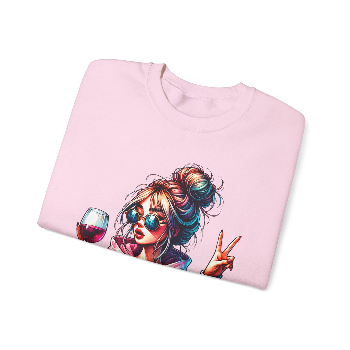 Dramatic Girl With Wine Messy Bun Peace Sign – Gildan Heavy Blend | Trendy Women’s Soft Sweatshirt. Direct to Garment. Printed & Shipped in the USA. Unisex Sizes.