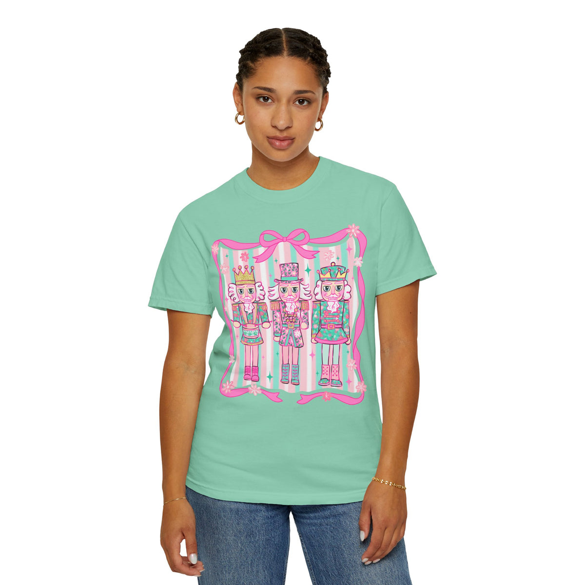 Coquette Pastel Christmas Nutcracker Trio Pink and Green - Comfort Colors | Trendy Women's T-Shirt. Direct to Garment. Printed & Shipped in the USA. Unisex Sizes.