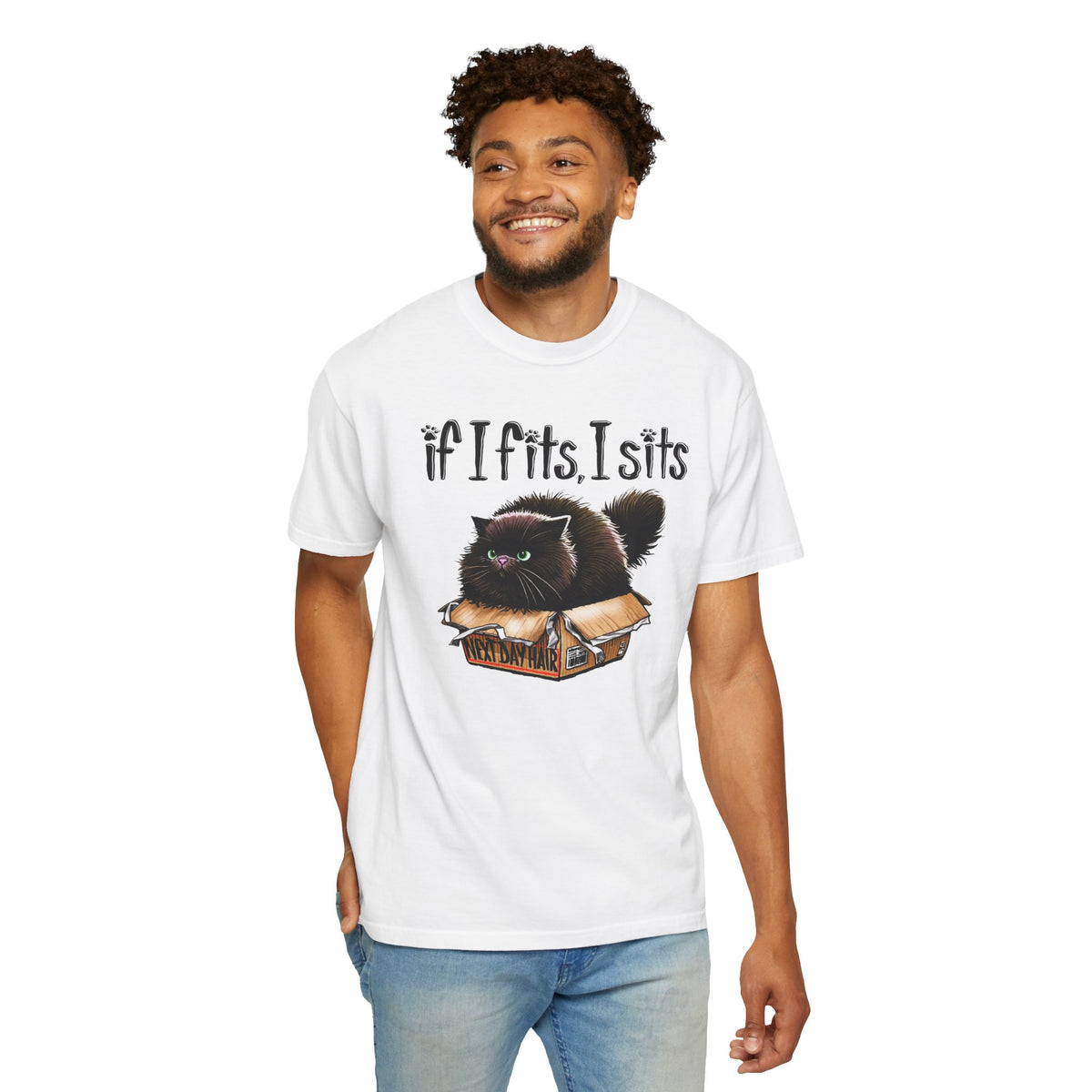 If I Fits I Sits, Cat in a Box - Comfort Colors | Trendy Women's and Men's T-Shirt. Direct to Garment. Printed & Shipped in the USA. Unisex Sizes.