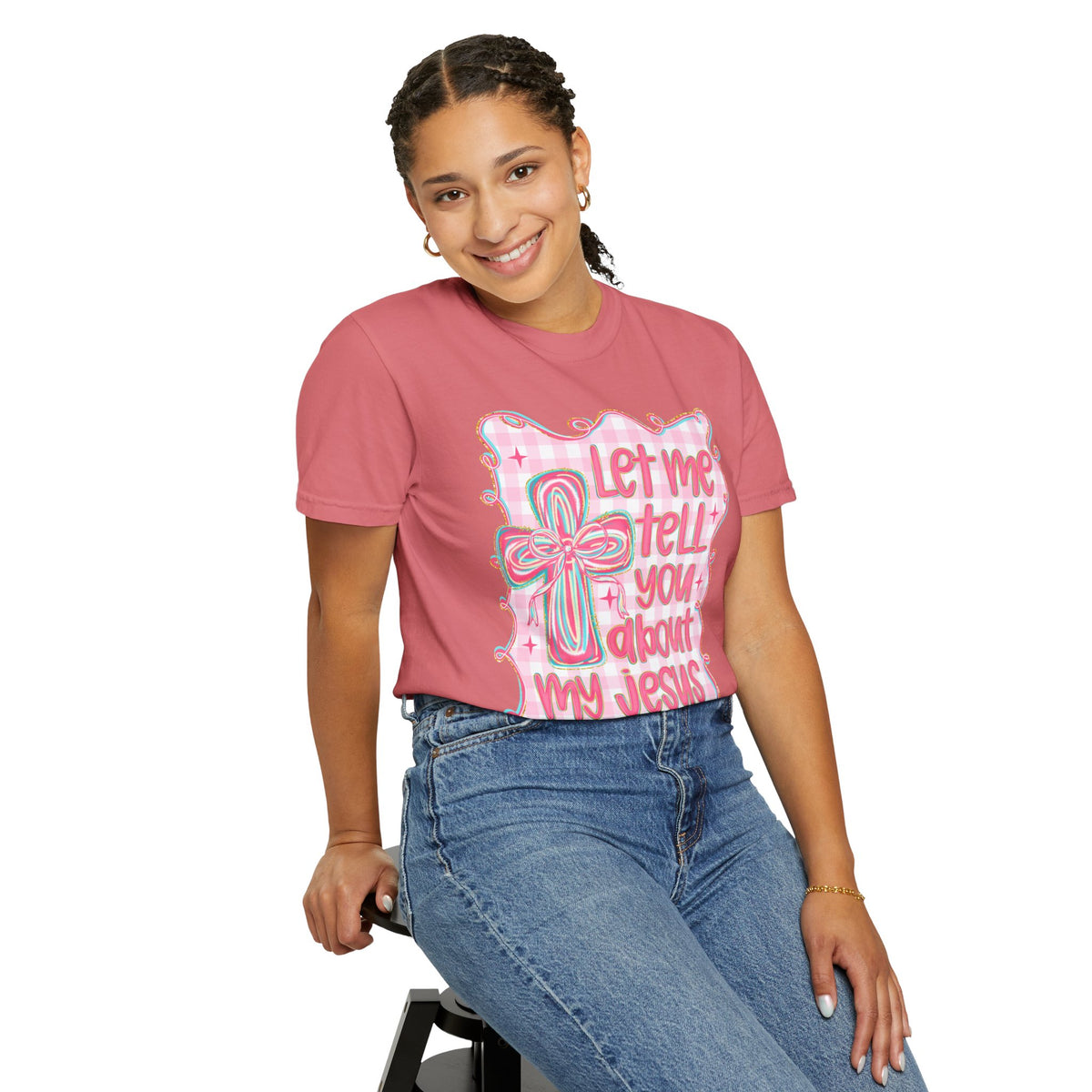 Let Me Tell You About My Jesus, Pink and Green - Comfort Colors | Trendy Women's T-Shirt. Direct to Garment. Printed & Shipped in the USA. Unisex Sizes.