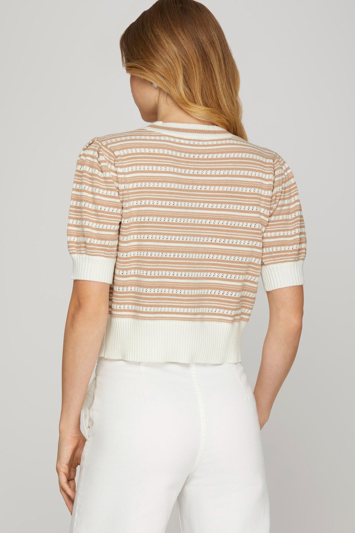 Puff Short Sleeve Bow-Front Tan & White Striped Cropped Cardigan