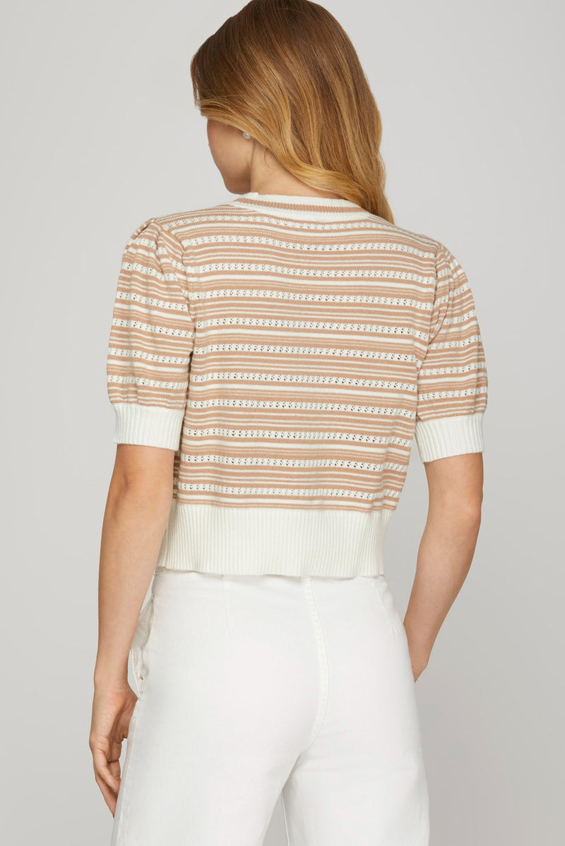 Puff Short Sleeve Bow-Front Tan & White Striped Cropped Cardigan