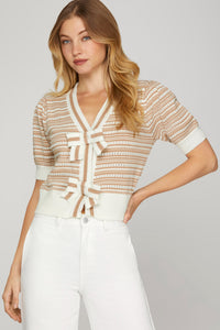 Puff Short Sleeve Bow-Front Tan & White Striped Cropped Cardigan