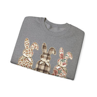 Easter Bunny Trio, Leopard, Plaid & Floral - Faux Pearl Outline – Gildan Heavy Blend | Trendy Women’s Soft Sweatshirt. Direct to Garment. Printed & Shipped in the USA. Unisex Sizes.