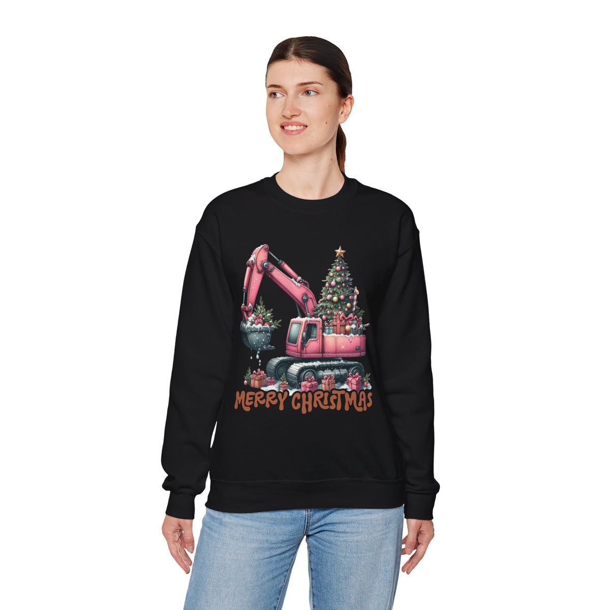 Excavator Merry Christmas Construction – Gildan Heavy Blend | Trendy Women’s Soft Sweatshirt. Direct to Garment. Printed & Shipped in the USA. Unisex Sizes.