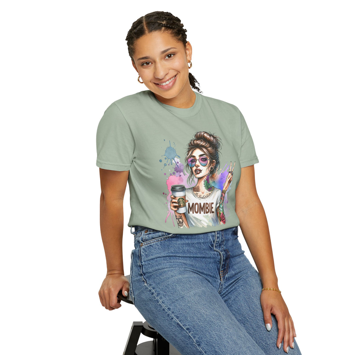 Cool Mombie with Coffee Peace Tattoo - Comfort Colors | Trendy Women's T-Shirt. Direct to Garment. Printed & Shipped in the USA. Unisex Sizes.