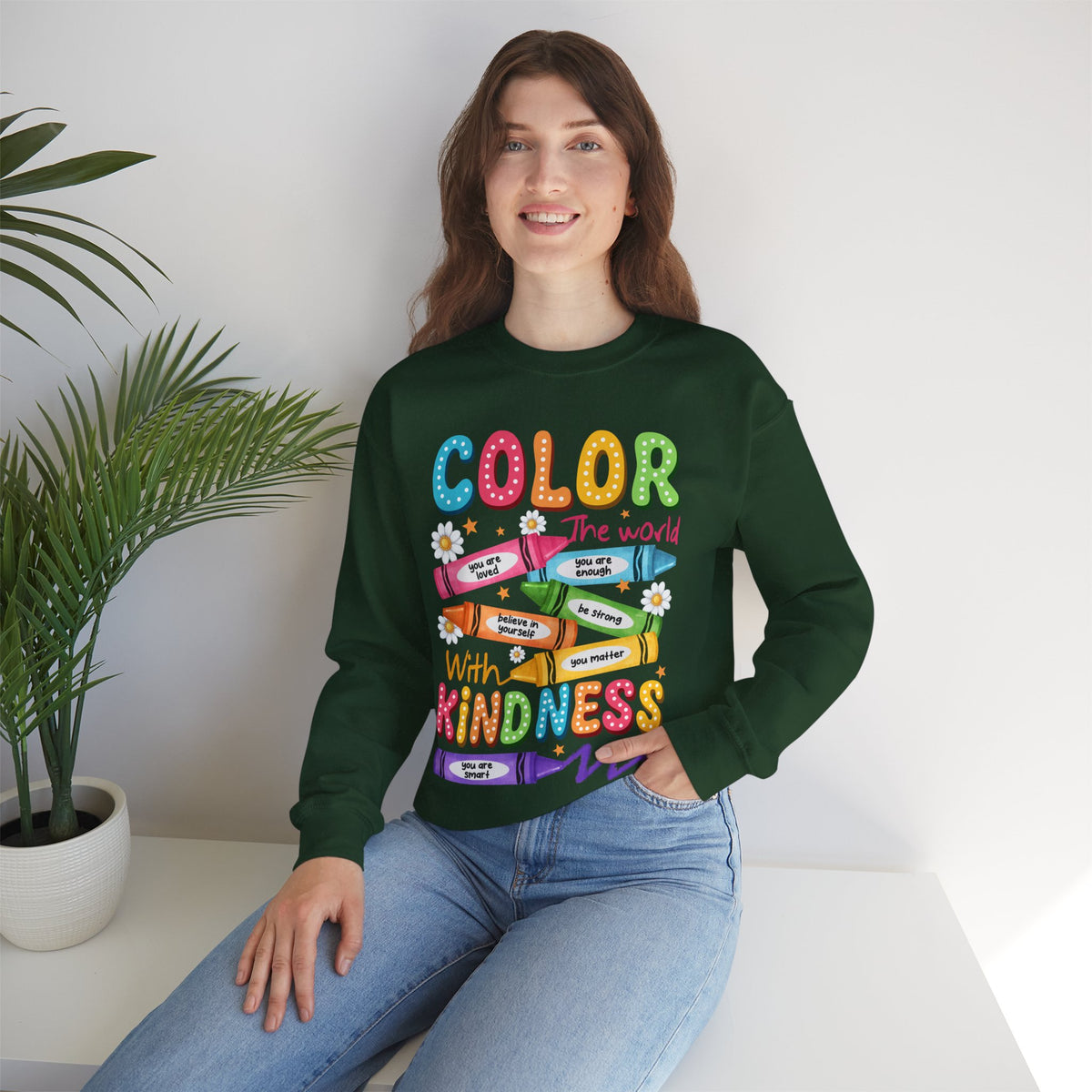 Color the World With Kindness Crayons, Great Teacher Gift – Gildan Heavy Blend | Trendy Women’s and Men's Soft Sweatshirt. Direct to Garment. Printed & Shipped in the USA. Unisex Sizes.