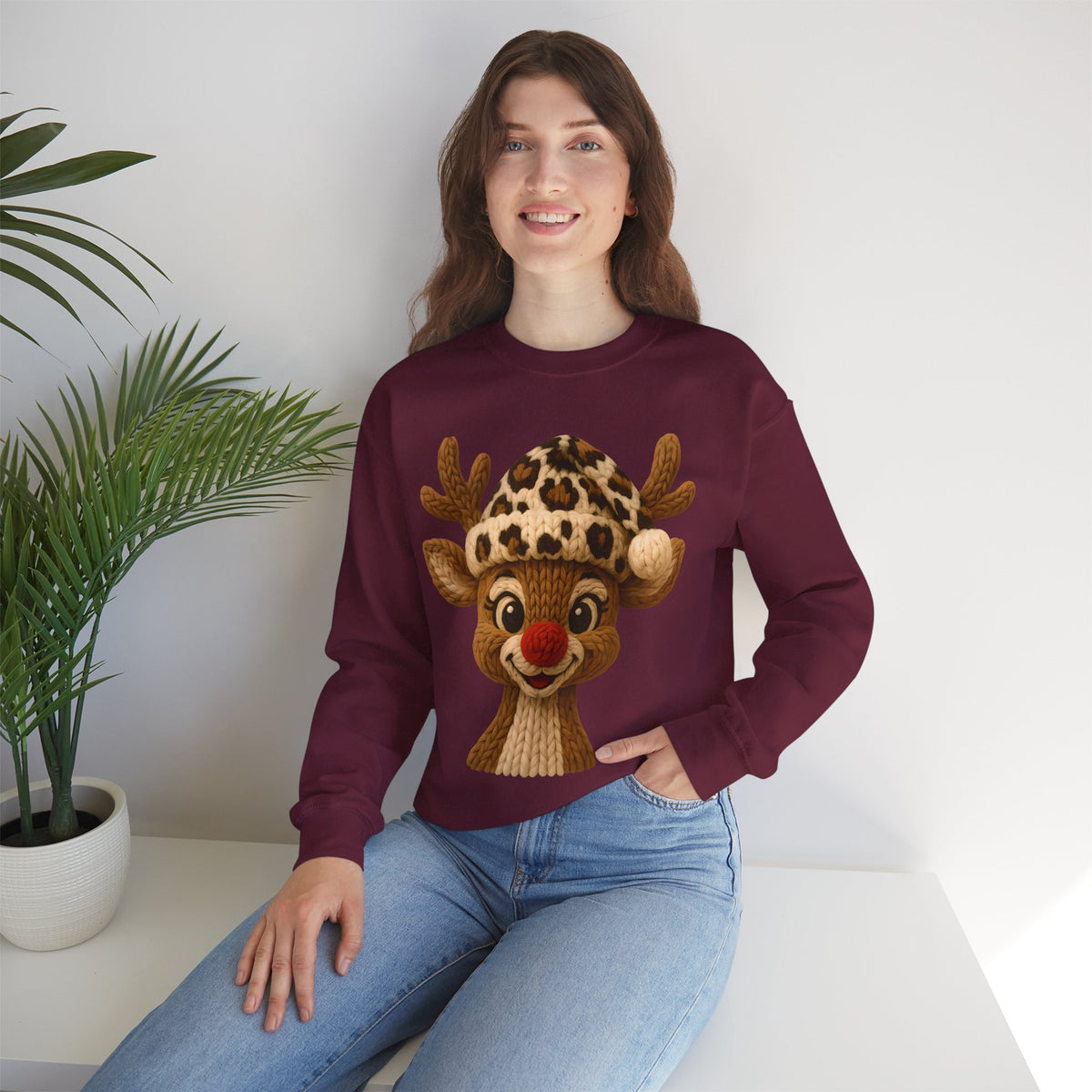 Rudolph Reindeer Leopard Santa Hat Christmas – Gildan Heavy Blend | Trendy Women’s Soft Sweatshirt. Direct to Garment. Printed & Shipped in the USA. Unisex Sizes.