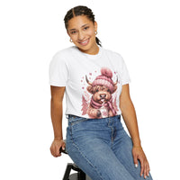 Cozy Highland Cow, Winter Coffee Mug & Scarf - Comfort Colors | Trendy Women's T-Shirt. Direct to Garment. Printed & Shipped in the USA. Unisex Sizes.